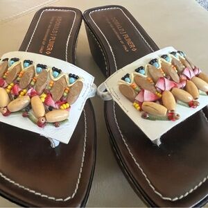 Donald J. Pliner White and Brown Sandals with Colorful Charms